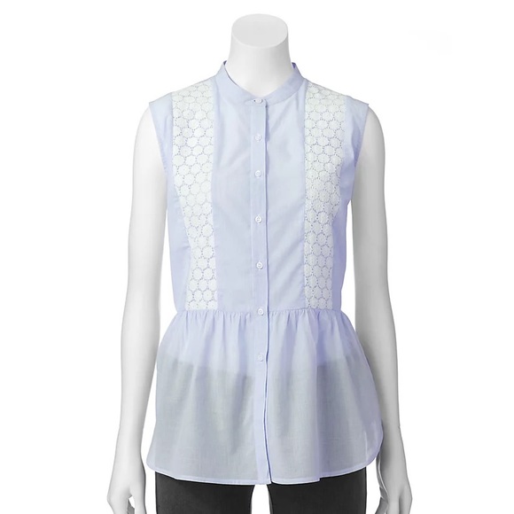 Elle Sleeveless Button Front Pinstripe Crochet Peplum Tank Top Blouse Size M - Picture 5 of 6